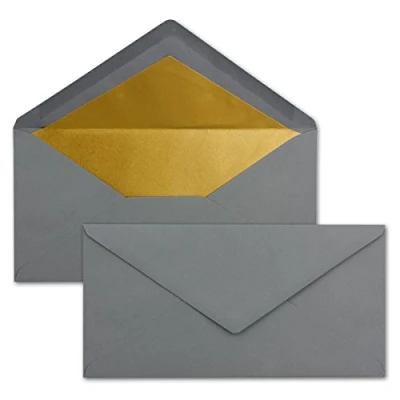 Abbildung von 25 Brief Umschläge DIN Lang Graphit/Dunkel Grau mit Gold Metallic Innen Futter 110 x 220 mm Nassklebung festliche Kuverts für Weihnachten