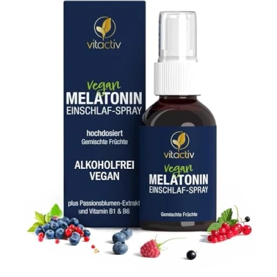 Abbildung von VITACTIV Melatonin Spray Hochdosiert 50ml 0,5 mg pro Tagesdosis 385 Tage Vorrat, Zuckerfrei &amp; Vegan plus Passionsblumen Extrakt, Vitamine B1 und B6 Sofort Gemischte Früchte