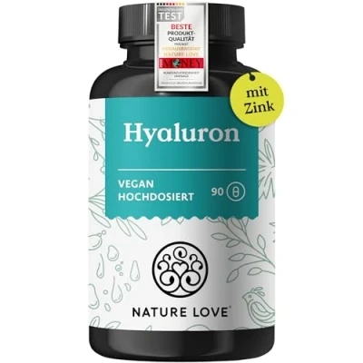 Abbildung von NATURE LOVE® Hyaluronsäure Kapseln mit Zink Hochdosiert 500mg Hyaluron Vegan 90 Stück (3 Monate) 500 700 kDa Laborgeprüft, ohne unerwünschte Zusätze und in Deutschland produziert