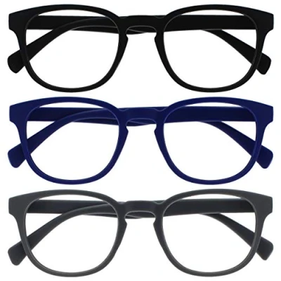 Abbildung von OPULIZE Pop Lesebrille 3er Pack Keck Rund Matt Rahmen Federscharniere Kratzfest Schwarz Blau Grau Herren Damen RRR2 137 +2.50