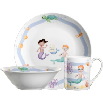 Abbildung von Leonardo Bambini Avventura Kinder Geschirr Set 3 teilig aus Porzellan Spülmaschinenfest, mikrowellengeeignet, robust 3er Schale, Tasse und Teller mit Motiv &quot;Meer&quot;, 022803