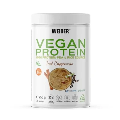 Abbildung von Weider Vegan Protein (750g) Cappuccino Geschmack. 23g Protein/Dosis, Erbsenisolat (Pisane) &amp; Reisproteine. Mit Vitamin B12 und Stevia. Glutenfrei, zuckerfrei. Verpackung 50% Recycelt, 100% Recycelbar