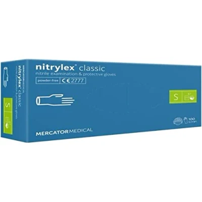 Abbildung von Nitrylex Classic Einweg Nitrilhandschuhe, schützende Untersuchungshandschuhe, puderfrei, unsteril, Blau, Größe S (6 7), beidhändig tragbar, Mikro + strukturierte Fingerspitze, dispenser box 100 Stk