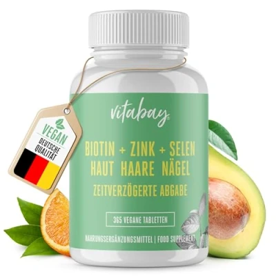 Abbildung von Vitabay Biotin Hochdosiert 10000mcg 365 Tabletten TIME RELEASED &amp; VEGAN Haar Vitamine Hair Vitamins Haare Zink Selen Haut Nägel Kapseln Haarvitamine für Frauen