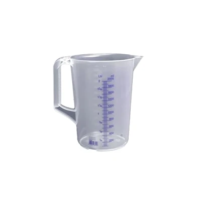 Abbildung von hünersdorff Messbecher 2l Polypropylen (PP) bruchsicher und spülmaschinengeeignet geschlossener Griff blaue Skala, Transparent+blau