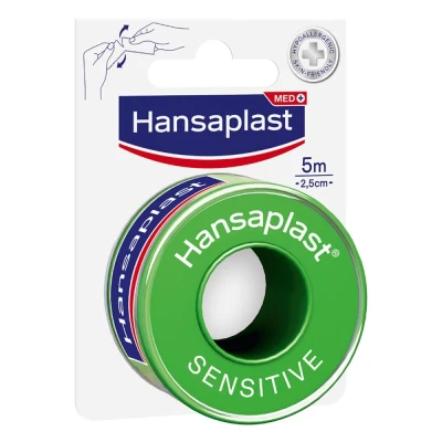Abbildung von Hansaplast Fixierpflaster Sensitive (5 m x 2,5 cm), hypoallergenes Tapeband zur hautfreundlichen Fixierung von Wundverbänden, Heftpflaster Rolle mit starker Klebkraft