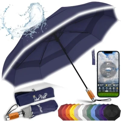 Abbildung von Royal Walk Regenschirm Taschenschirm Sturmfest Automatik Auf und Zu Winddichter Doppelverdeck Klein Stabil Schirm Reflektierend mit Luxuriösem Echtholzgriff für Damen Herren Umbrella
