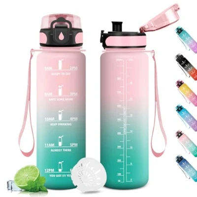 Abbildung von Sportflasche 1L, Trinkflasche Sport Wasserflasche mit Zeitmarkierung, Auslaufsicher Filter, für Fitness, Camping, Fahhrad, Outdoor, Erwachsene, Wandern