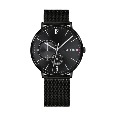 Abbildung von Tommy Hilfiger Herren 40mm Analoge Multifunktions Quarz Uhr Schwarzes Zifferblatt, Edelstahl Mesh Armband mit schwarzer IP, 2 Sub Dials, 3ATM Wasserbeständigkeit 1791507