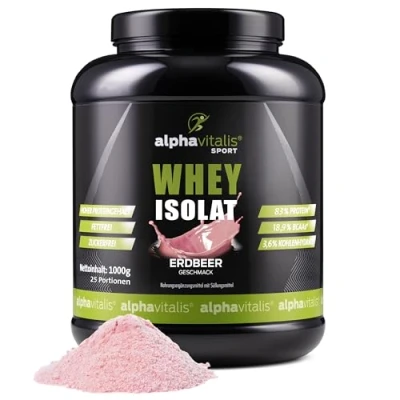 Abbildung von Whey Protein Pulver Isolate 1KG 83% Proteingehalt Eiweißpulver zuckerfrei &amp; fettfrei 100% ohne Aspartam oder Cyclamat WPI Muskelaufbau Shake in 7 Geschmäcker (Erdbeere)