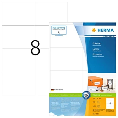 Abbildung von HERMA 4626 Versandetiketten, 200 Blatt, 105 x 74 mm, 8 pro A4 Bogen, 1600 Stück, selbstklebend, bedruckbar, matt, blanko Papier Adressetiketten Aufkleber, weiß