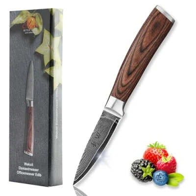 Abbildung von Wakoli Edib Damast Officemesser I Scharfe 8 cm Klinge aus 67 Lagen Damaststahl mit VG10 Kern und Griff Pakkaholz Profi Küchenmesser, Damastmesser in eleganter Box