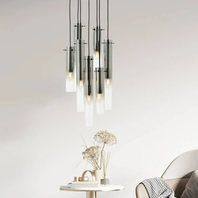 Abbildung von Brilliant Pendelleuchte »Glasini«, 7 flammig, Leuchtmittel E14 ohne Leuchtmittel, 199 x 32 cm, E14, kürzbar, Metall/Rauchglas, matt schwarz