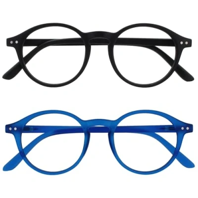 Abbildung von OPULIZE REY Lesebrille 2er Pack Runder Retro Rahmen Mattschwarz, Blau Herren Damen Federscharniere RR56 13 +3.00