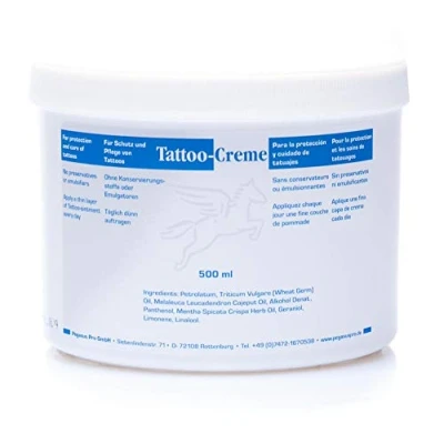 Abbildung von Pegasus Pro Tattoo Creme 500 ml, Dose tägliche Pflege für tätowierte Haut panthenol, ohne Konservierungsstoffe, Emulgatoren, sensible Haut, feuchtigkeitsspendend