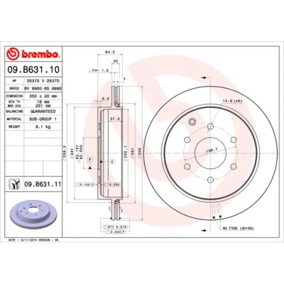 Abbildung von BREMBO COATED DISC LINE 09.B631.11 Bremsscheibe 350 20 6 innenbelüftet beschichtet