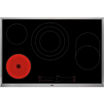 Abbildung von AEG Glaskeramikkochfeld autark 80cm / Made in Germany 4 Zonen mit Bräter und Dreikreiszone 9 Stufen Powerfunktion Timer DirectSlider Bedienung Haubenautomatik HKA8578RAD