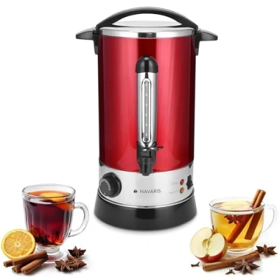 Abbildung von Navaris Glühweinkocher Heißwasserspender aus Edelstahl 10l mit Thermostat Füllstandanzeige Zapfhahn Glühwein Heißgetränkeautomat Rot
