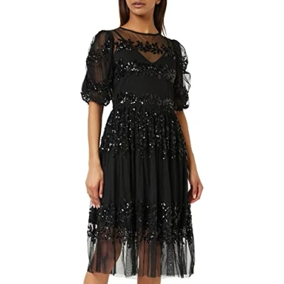 Abbildung von Maya Deluxe Damen Womens Midi Ladies Sequin Embellished Short Sleeve Dress for Wedding Guest Bridesmaid Prom Ball Evening Occasion Kleid, Black,46