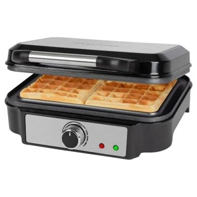 Abbildung von ProfiCook® Waffeleisen für belgische Waffeln mit 2 Backflächen Waffel antihaftbeschichtete Backfläche stufenlos wählbarer Bräunungsgrad Edelstahl 1000 Watt PC WA 1240