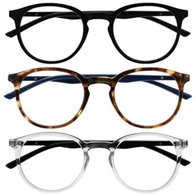 Abbildung von OPULIZE Met Lesebrille Blaulichtfilter 3er Pack Schlank Runder Rahmen Federscharniere Verbessert Schlaf Computer Gaming Entspiegelt Schwarz Braun Transparent Herren Damen BBB60 12C +3.50