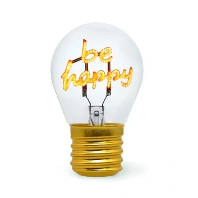 Abbildung von LEGAMI Glühbirnenförmige Tischlampe, wiederaufladbar mit USB Kabel, kabellos, Glühbirnen Fiktion, Be Happy Thema, 6,8 x 10,3 cm