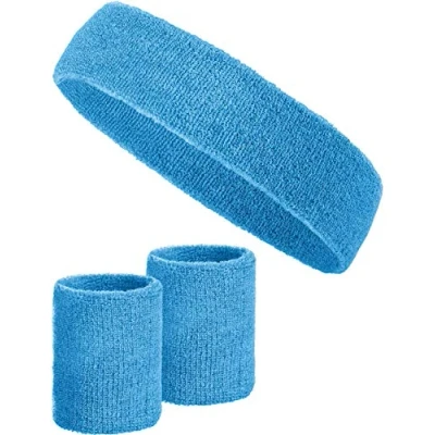 Abbildung von 3 teiliges Schweißband Set mit 2X Schweißbändern für die Handgelenke + 1x Stirnband Damen &amp; Herren (Hellblau)