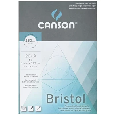 Abbildung von CANSON Illustration Bristol, extra glattes, satiniertes Papier, 250 g/m², an der kurzen Seite geleimter Block, DIN A3, 29,7 x 42 cm, Extraweiß, 20 Blatt