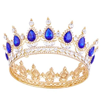 Abbildung von Kronen Für Frauen, Vofler Queen Tiara Barock Vintage Gold Stirnband Saphir Blau Kristall Strass Haardekor Dame Mädchen Braut Prinzessin Prom Birthday Wedding Pageant Halloween Kostüm Party