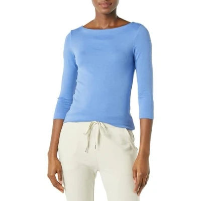 Abbildung von Amazon Essentials Damen T Shirt mit Bateau Ausschnitt und 3/4 Ärmeln in schmaler Passform, Blau, XS