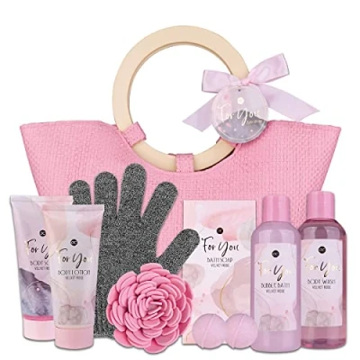 Abbildung von Accentra Duschset Frauen Geschenkset PINK ROSE in Handtasche 9 teiliges Pflegeset mit Schaumbad, Körperpeeling, Bodylotion &amp; mehr Wellness Geschenk Set zum Geburtstag, Valentinstag Weihnachten