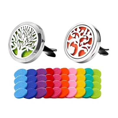 Abbildung von QitinDasen 2Pcs Premium Auto Aromatherapie Ätherische Öle Diffusor, Edelstahl Vent Clip, mit 40Pcs Ersatz Filzunterlage (10 Farben) Ohne Öl (Lebensbaum &amp; Glücksbaum)