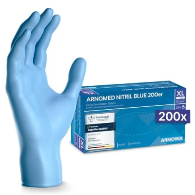 Abbildung von ARNOMED 200x Einweghandschuhe Blau, Einmalhandschuhe XL, Nitrilhandschuhe puderfrei, Handschuhe Einweg latexfrei, Gummihandschuhe Einweg, Nitril, in S, M, L &amp; XL