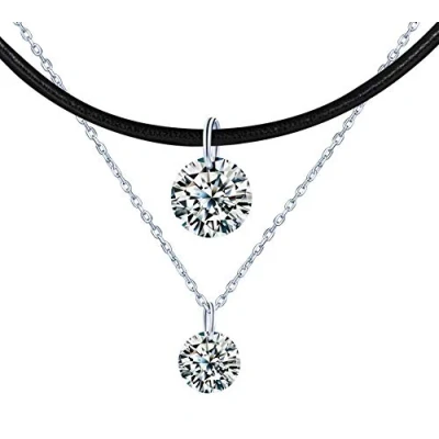 Abbildung von Yumilok Damen Choker Doppel Kette 925 Sterling Silber Halskette mit Zirkonia Anhänger Schwarz Seil PU Leder Halsband