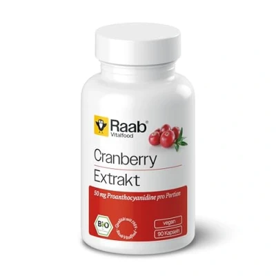 Abbildung von Raab Vitalfood Bio Cranberry Extrakt Kapseln, 90 Stück, ohne Zuckerzusatz, 50 mg Proanthocyanidine (PAC) pro Portion Extrakt, glutenfrei, vegan, 1er Pack