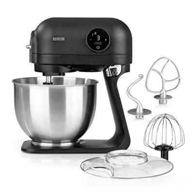 Abbildung von N8WERK Küchenmaschine in der Midnight Edition Schneebesen, Knethaken und Rührhaken Spritzschutz mit Einfüllöffnung 5 L Edelstahlschüssel 6 Geschwindigkeitsstufen 1200 Watt digitales Display