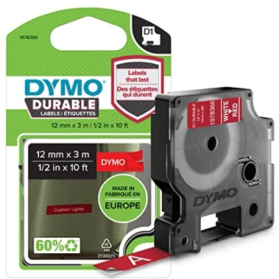 Abbildung von DYMO Original D1 Hochleistungs Etikettenband, weiß auf rot, 12 mm x 3 m, permanent haftendes Vinyl Schriftband, für LabelManager Beschriftungsgerät