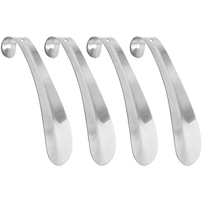 Abbildung von com four® 4X Schuhanzieher aus Edelstahl Schuhlöffel mit kurzem Griff ideal für Reisen Anziehhilfe Schuhe Metall 15 cm (04 Stück 15cm)