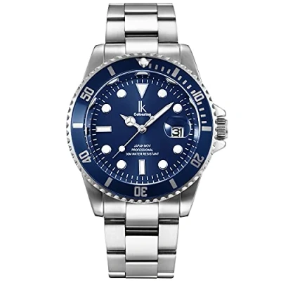 Abbildung von Alienwork Armbanduhr Herren Damen Silber Edelstahl Metallarmband Kalender Datum Marineblau Klassik Elegant