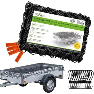 Abbildung von Offgridtec Anhänger Ladungssicherungsnetz 1,5x2,7m auf 2,5x3,5m, Dehnbar &amp; Feinmaschig, Inkl.10 Spannhaken, Eckmarkierungen, Verstärktes Gummiseil, Ladungssicherung für Anhänger, Baumaterialien