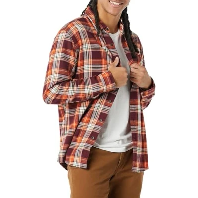 Abbildung von Amazon Essentials Herren Langarmhemd aus Flanell (in Übergröße erhältlich), Burgunderrot Orange Karomuster, S