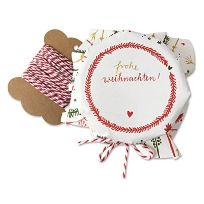 Abbildung von 25 Marmeladendeckchen Frohe Weihnachten Gläserdeckchen Weiß Bunt für Marmelade, Marmeladengläser &amp; Einmachgläser, Recyclingpapier Abreißblock + 10 m Garn Justiergummi, Blumen Tannenzweige