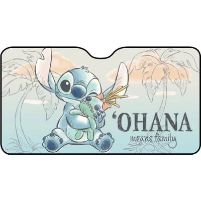 Abbildung von Lilo &amp; Stitch Sonnenblende für die Windschutzscheibe, 130 x 70 cm, mit Grafik auf lila Hintergrund