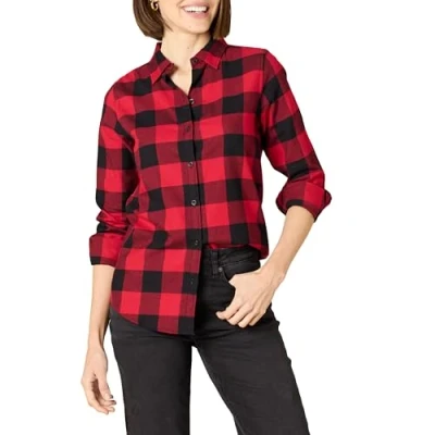 Abbildung von Amazon Essentials Damen Leichtes, Langärmeliges, Kariertes Flanellhemd, Klassischer Schnitt, Rot Buffalo Karos, S