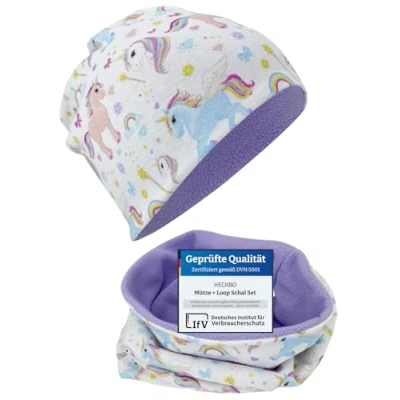 Abbildung von HECKBO Einhorn Beanie &amp; Schal Set für Mädchen Fleece Vlies innen Alter 2 6 Jahre Weiche Baumwolle Maschinenwaschbar Ideal kalte Tage, Einheitsgröße, Unicorn
