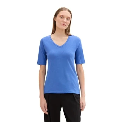 Abbildung von TOM TAILOR Damen 1043836 Basic T Shirt aus Baumwolle, 10619 Preppy Jean Blue, X Large