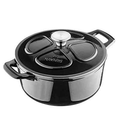 Abbildung von Navaris Gusseisen Topf Bräter Kochtopf 3,5l Ø 24cm Schmortopf mit Deckel Brotbacktopf Brattopf Für alle Speisen und Kochflächen Schwarz