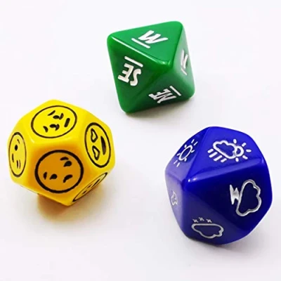 Abbildung von Bescon&#039;s Emotion, Weather and Direction Dice Set, 3 Piece Proprietary Polyhedral RPG Set in Blue, Green, Yellow