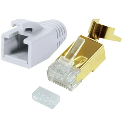 Abbildung von odedo 10x RJ45 Stecker CAT7, CAT6A, CAT8.1 Netzwerkstecker für Installationskabel, Verlegekabel 10GBit AWG 22 24 PoE LAN Crimp Metall mit Einfädelhilfe und Knickschutz Gold Weiß