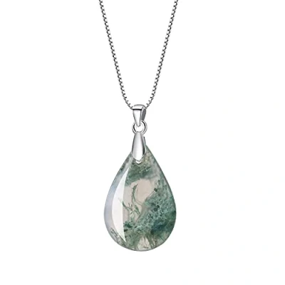 Abbildung von COAI Geschenkideen Damen 925 Sterling Silber Kette mit Wassertropfen Anhänger aus Moosachat Amulett Halskette Box Chain